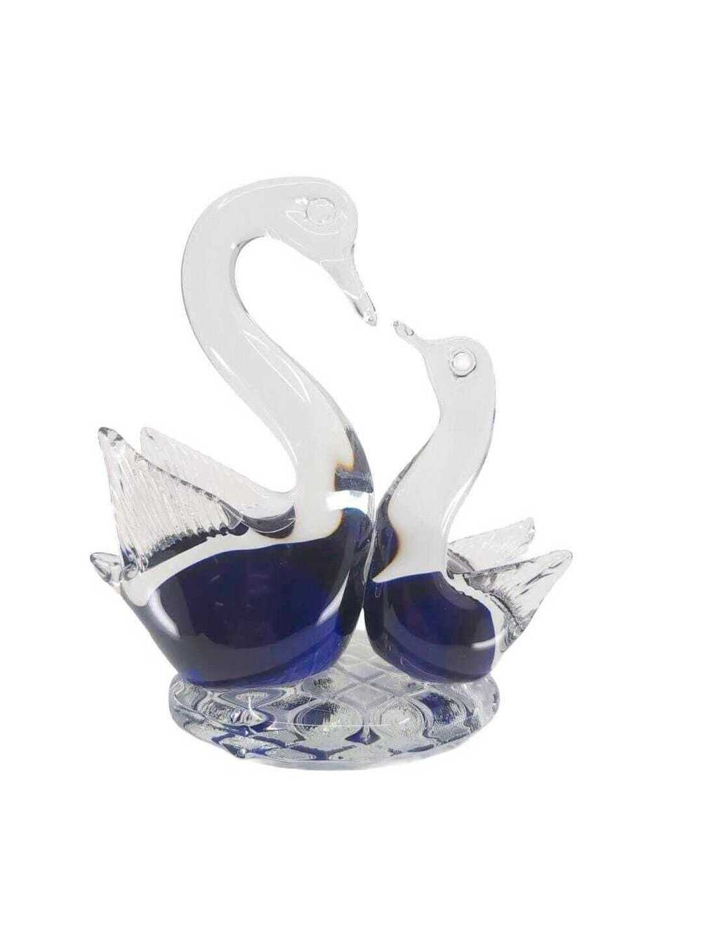 Vintage Hand Blown Art Glass Double Swan Figurine Cobalt Blue Clear Glass